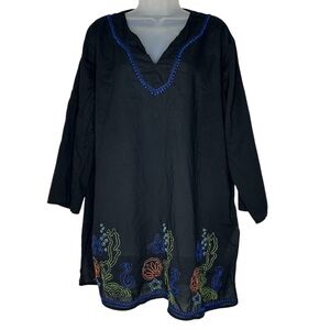 KIKISOL Women XXL Black Cotton Embroidered Marine Shells Beach Cover Tunic Top.